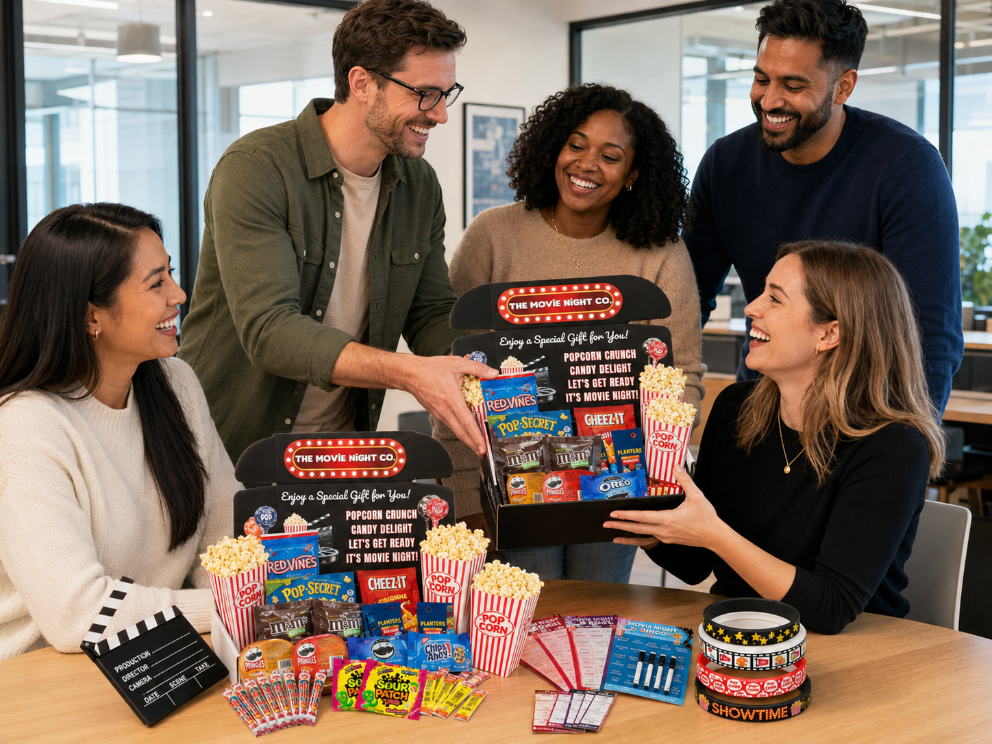 Employee appreciation movie night gift box with snacks and popcorn for teams and staff