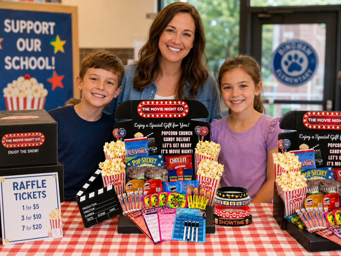 Movie Night Co. gift box display for a school fundraiser with raffle tickets and family-friendly movie night snacks