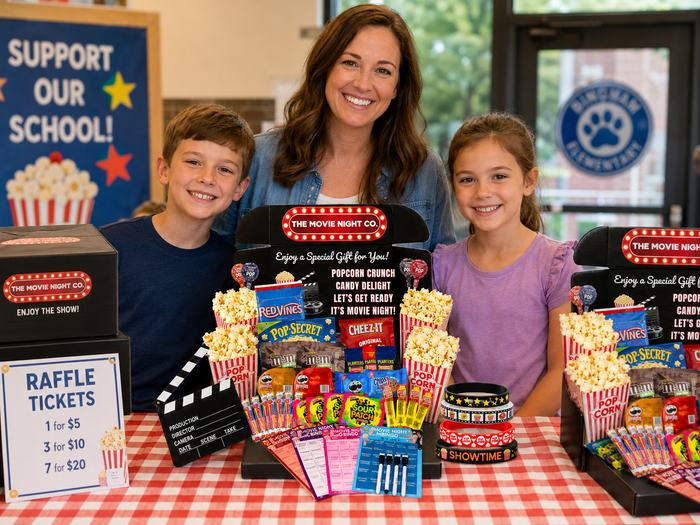 Movie Night Co. gift box display for a school fundraiser with raffle tickets and family-friendly movie night snacks